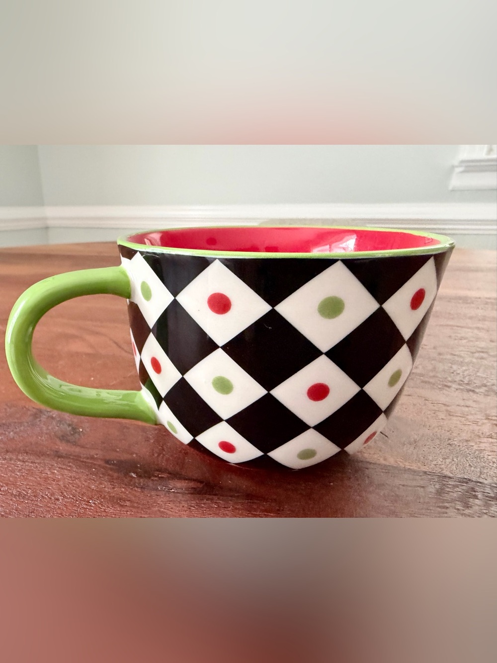 Pier 1 Christmas Coffee Cup Mug Black White Red Green Dots Harlequin Checkered